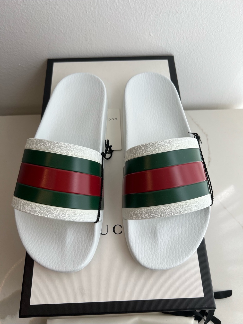 Gucci White Slides with Green & Red Stripes - Luxury Designer Style